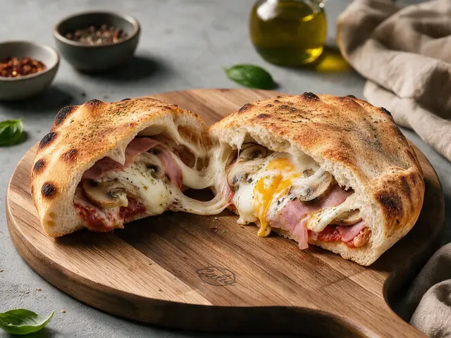 Pizza Calzone Jambon 33 cm : Sauce tomate, jambon, champignons, mozzarella, œuf