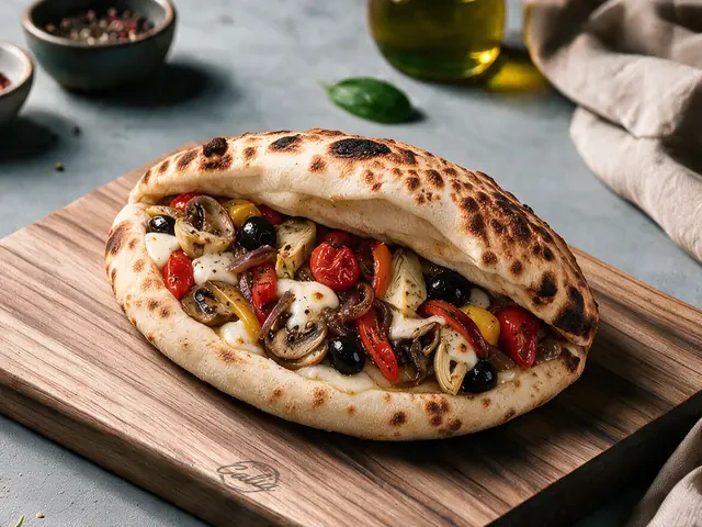 Panuozzo Le Veggie : Mascarpone, champignons, poivrons, cœurs d’artichauts, tomates cerises, oignons confits, mozzarella, olives noires