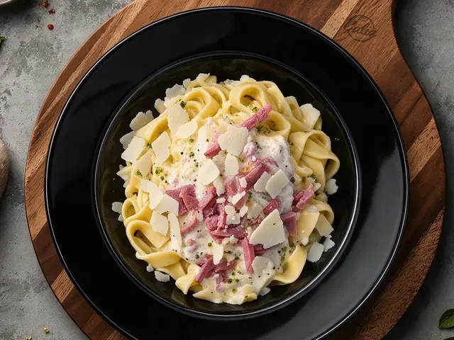 Pâtes Carbonara : Pâtes à l’œuf, crème fraîche, oignons confits, lardons, parmesan