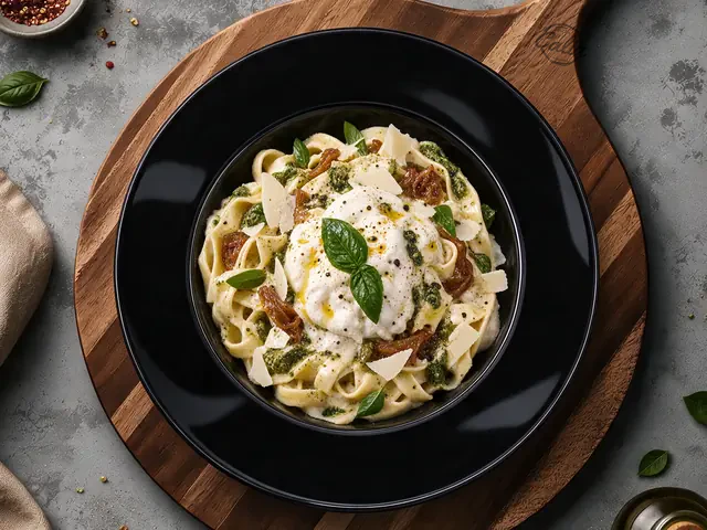 Pâtes Pesto & Burrata : Pâtes à l’œuf, crème fraîche, burrata, pesto, oignons confits, parmesan, basilic, huile d’olive