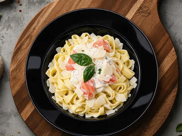 Pâtes Saumon : Pâtes à l’œuf, crème fraîche, saumon, basilic, parmesan, oignons confits, persillade