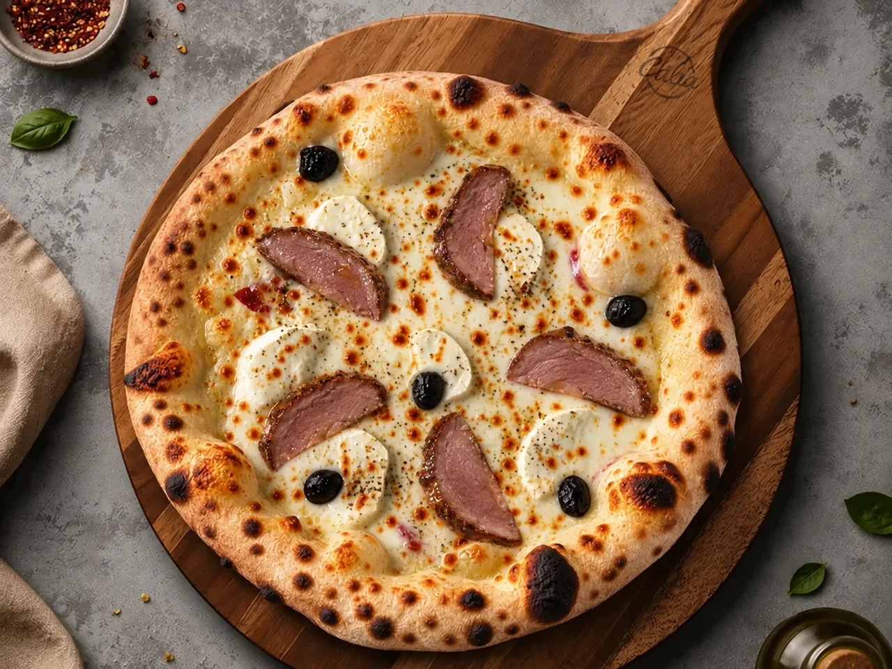 Pizza Biquette 33 cm : Crème fraîche, chèvre, magret mariné, mozzarella, miel, olives noires