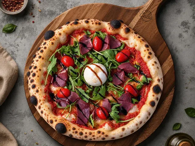 Pizza Burrata 33 cm : Sauce tomate, burrata, bœuf séché, crème balsamique, salade, tomates cerises