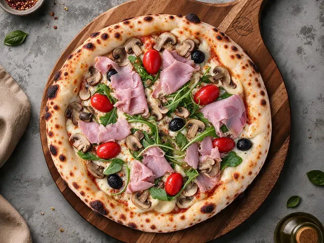 Pizza Calia 33 cm : Crème fraîche, crème de truffe, jambon, mozzarella, champignons, tomates cerises, roquette