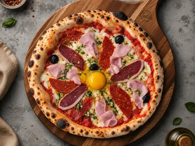 Pizza Cannibale 33 cm : Sauce tomate, mozzarella, jambon, chorizo, magret mariné, œuf, persillade, olives noires