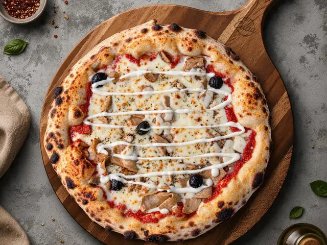 Pizza Grillade 33 cm : Sauce tomate, kebab, oignons confits, mozzarella, sauce blanche, olives noires