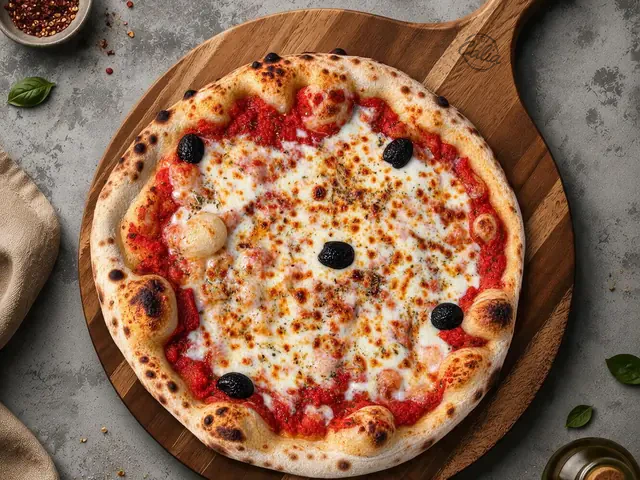 Pizza Margherita 33 cm : Sauce tomate, mozzarella, olives noires