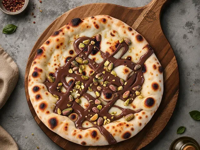 Pizza Nutella : Mascarpone, crème, sucre vanillé, Nutella · pistaches ou amandes effilées