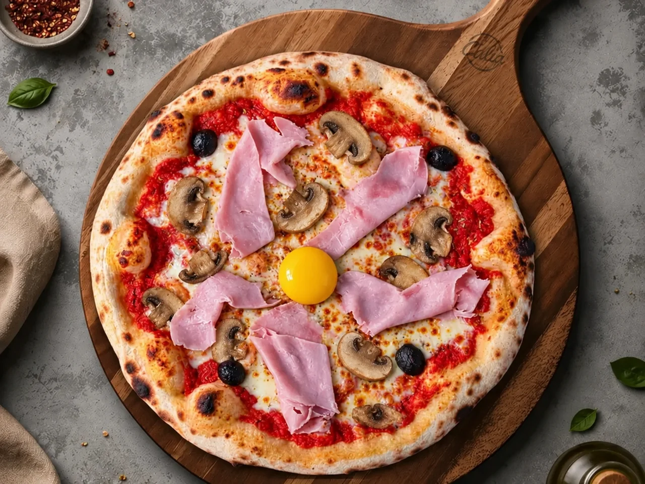 Pizza Royale 33 cm : Sauce tomate, jambon, champignons, mozzarella, œuf, olives noires