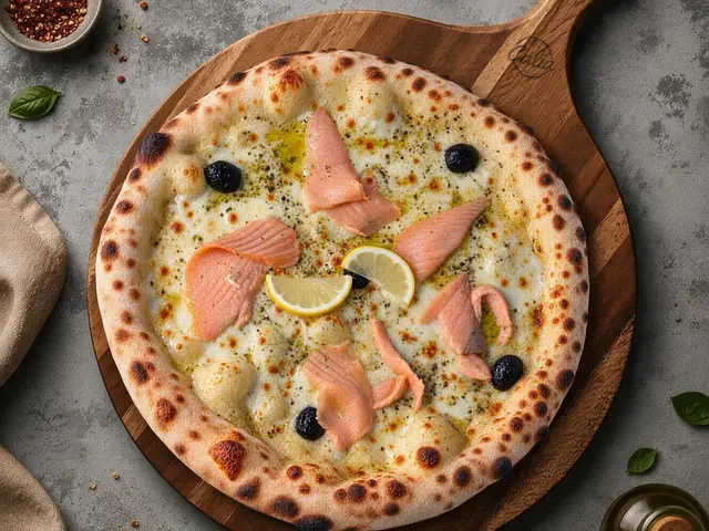 Pizza Saumon 33 cm : Crème fraîche, saumon fumé, mozzarella, olives noires, citron