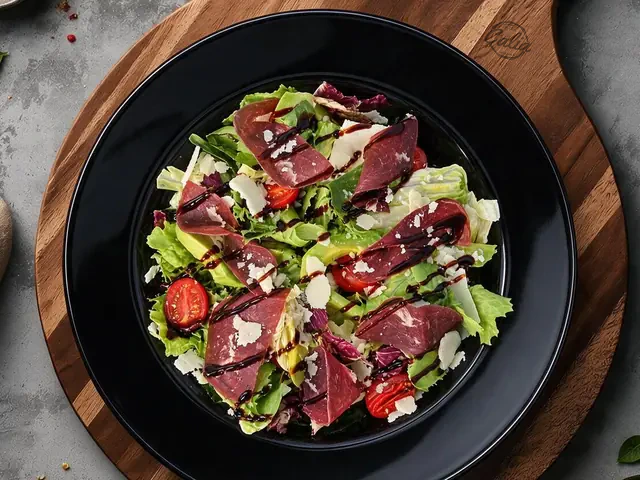 Salade Caprese : Salade, tomates cerises, bœuf séché, parmesan, huile d’olive, crème balsamique