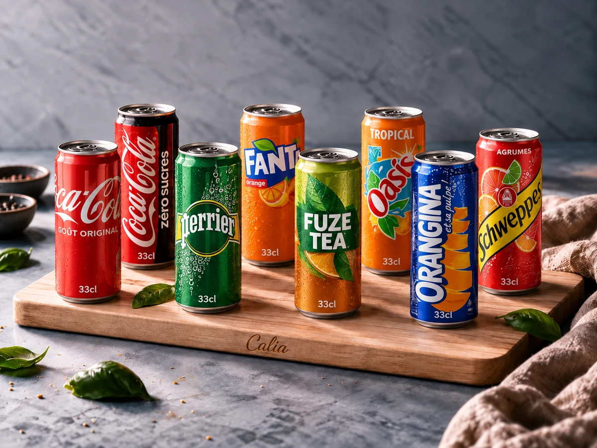 Sodas 33 cl : Coca-Cola, Fanta orange, Fuze Tea, Oasis, Orangina, Schweppes, Perrier · au choix